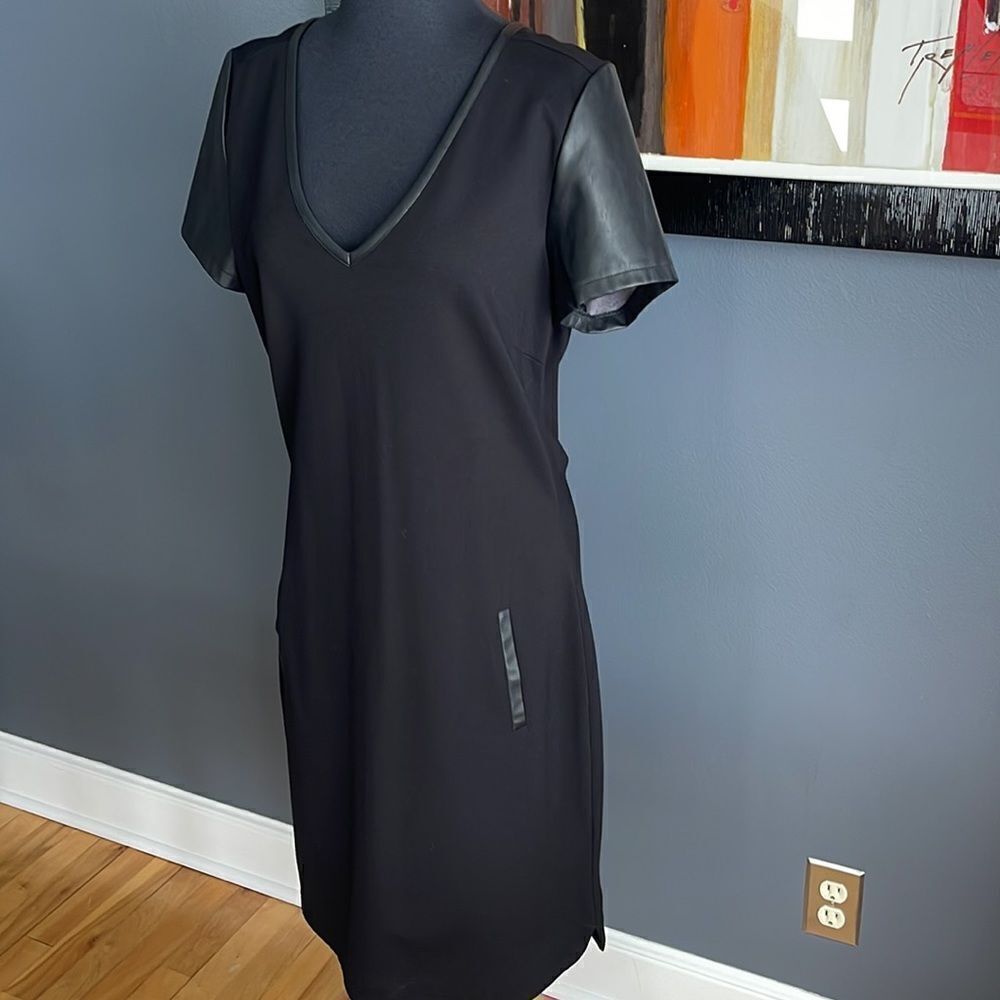 Banana Republic black faux leather V neckline, sleeves, & welted pockets midi. - Picture 2 of 7